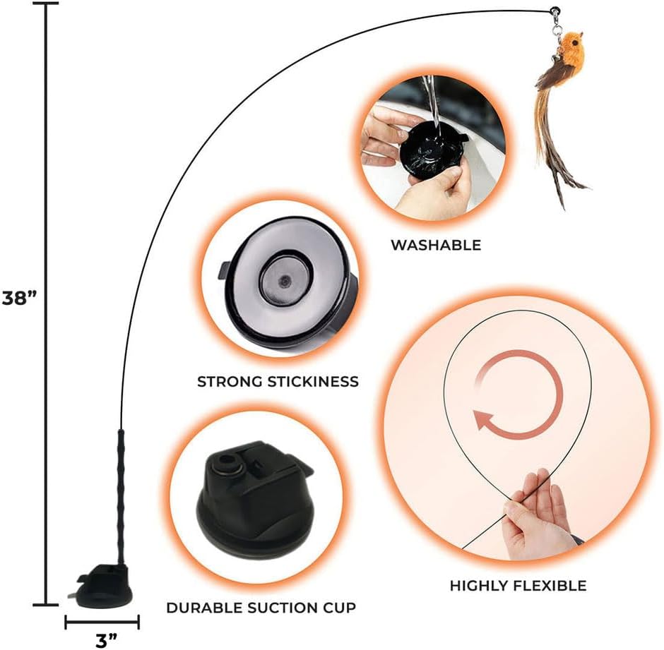 Whiskertons Interactive Bird Cat Toy – Suction Base with 5 Feather Bird Refills & Bells