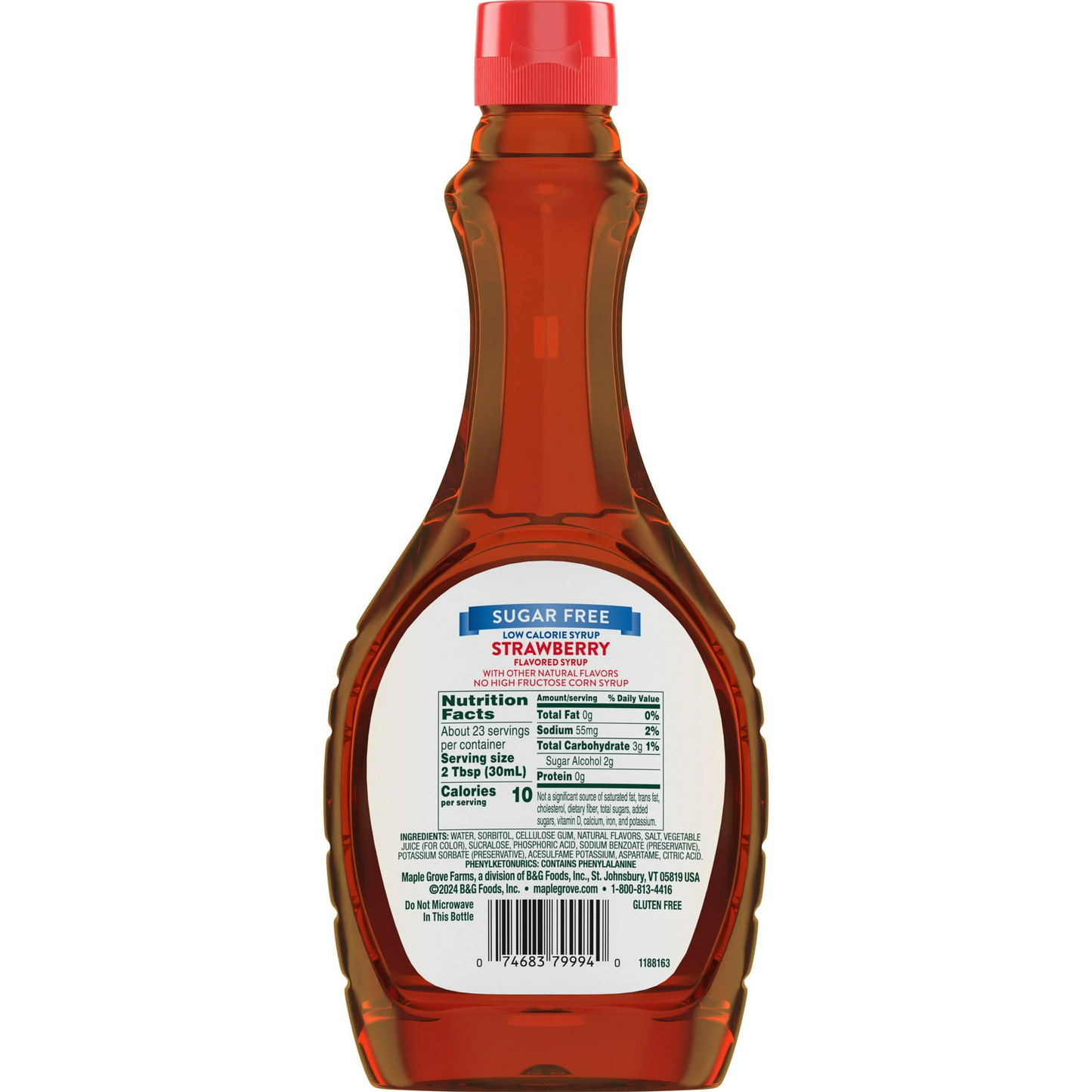 Maple Grove Farms Sugar Free Strawberry Syrup, Low Calorie Syrup, 24 fl oz Bottle