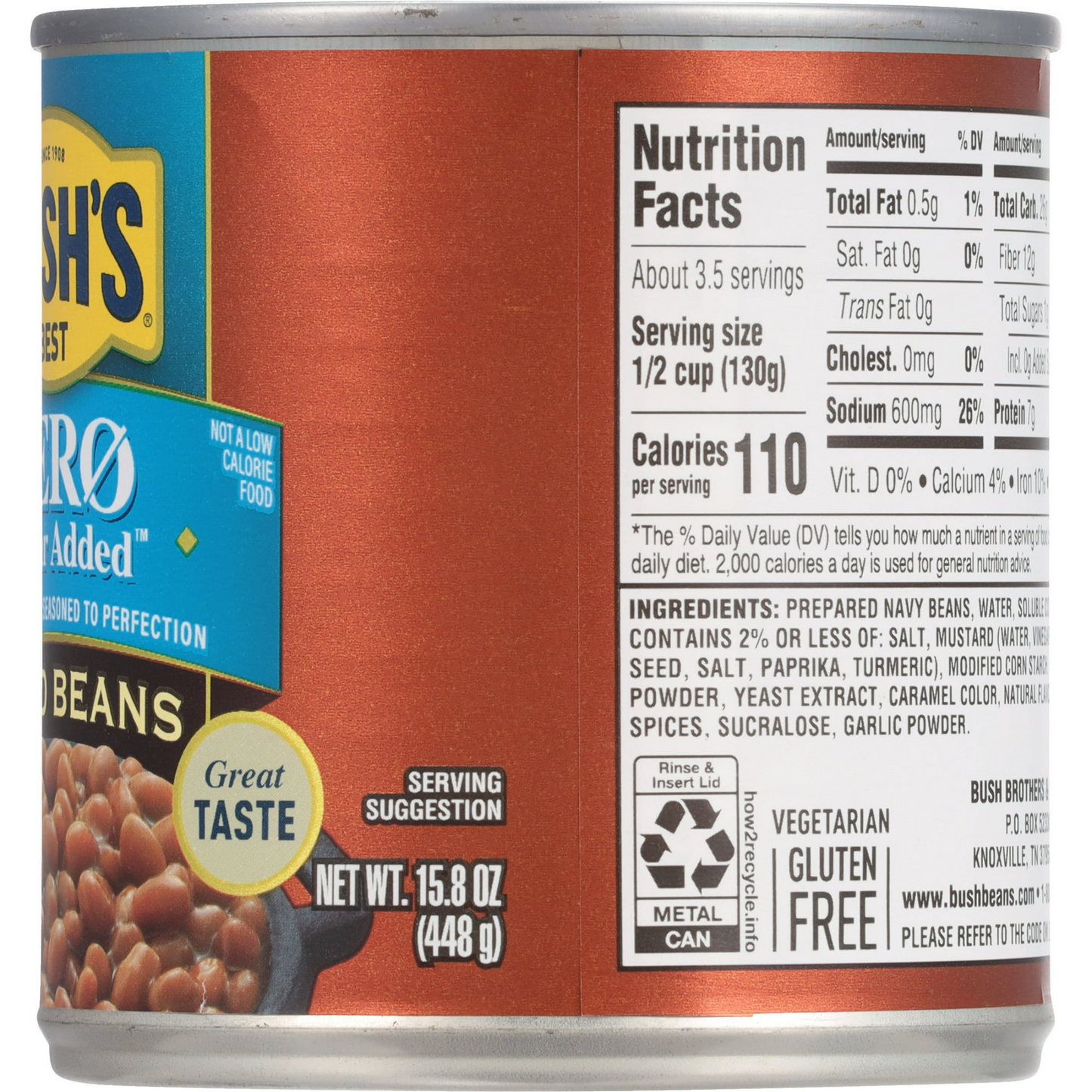Bush's Zero Sugar Added Baked Beans, Canned Beans, 15.8 oz Can