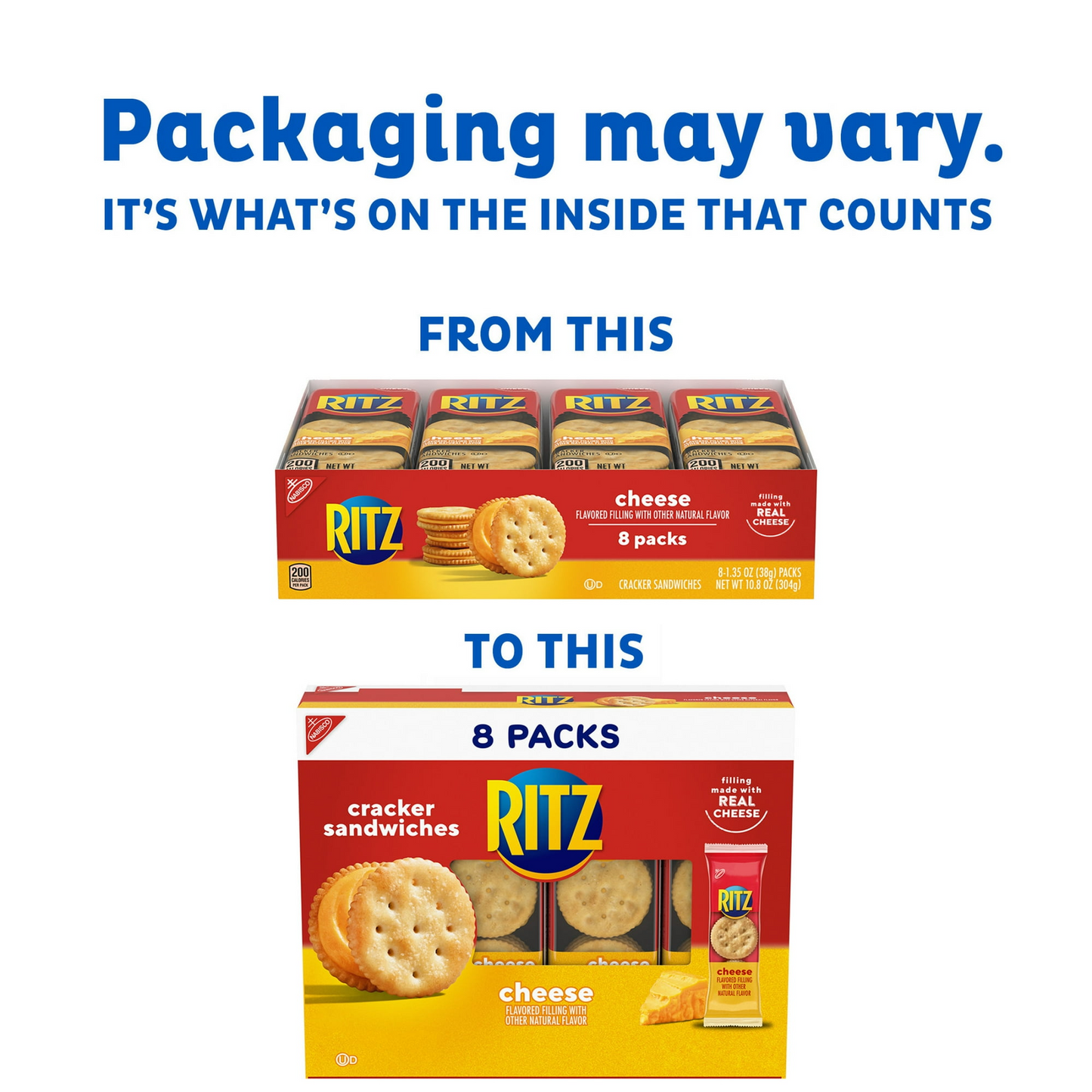 RITZ Cheese Sandwich Crackers, Lunch Snacks, 8 Snack Packs (6 Crackers Per Pack)