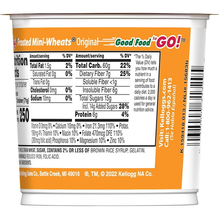 Kellogg's Frosted Mini-Wheats Cold Breakfast Cereal Cup, High-Fiber, Whole Grain, Original, 2.5oz Cup (1 Cup)