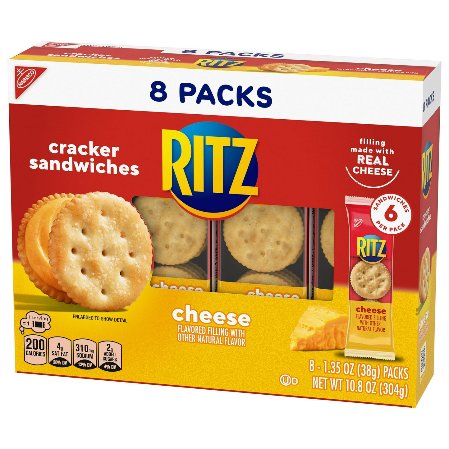 RITZ Cheese Sandwich Crackers, Lunch Snacks, 8 Snack Packs (6 Crackers Per Pack)