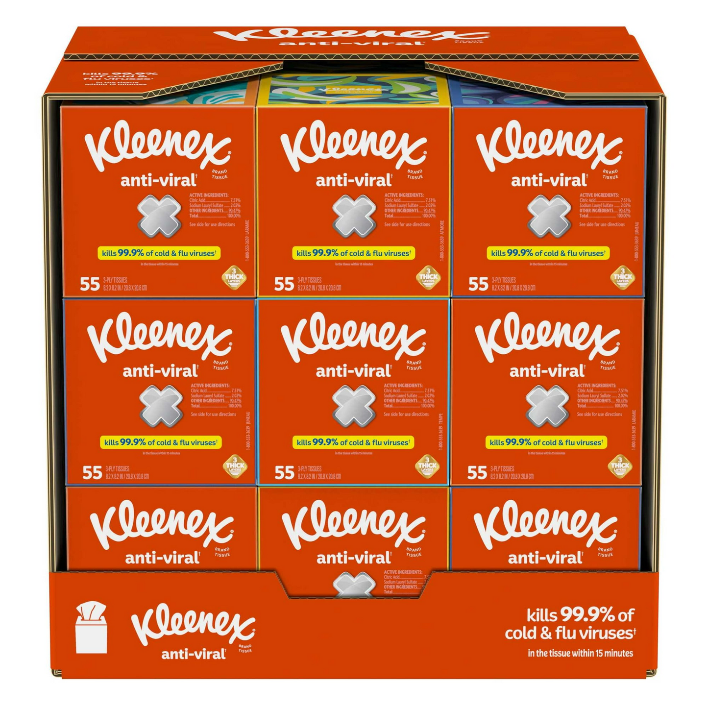 Kleenex Anti-Viral Facial Tissues, 1 Cube Box, 55 Tissues per Box, 3-Ply