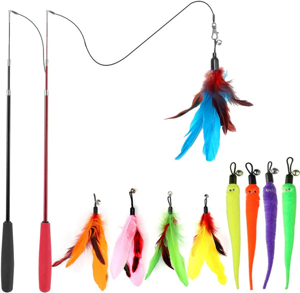Retractable Cat Wand Toy Set – 2 Wands & 9 Feather Teasers with Bells for Interactive Play