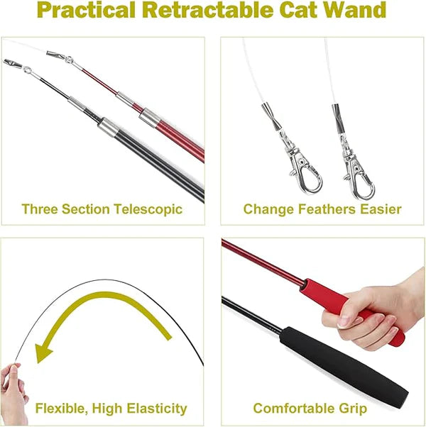 Retractable Cat Wand Toy Set – 2 Wands & 9 Feather Teasers with Bells for Interactive Play