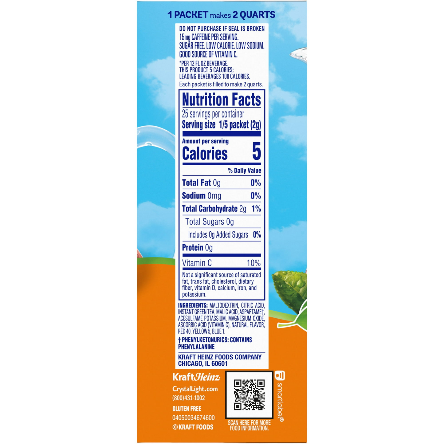 Crystal Light Peach Mango Green Tea Sugar Free Drink Mix, 5 Ct Pitcher Packets