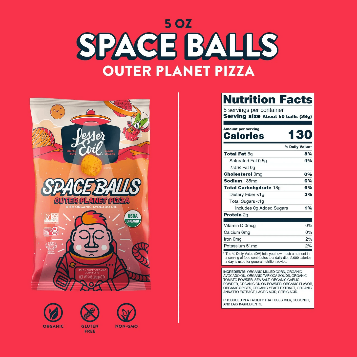 LesserEvil Space Balls, Outer Planet Pizza, 5 oz