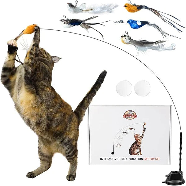 Whiskertons Interactive Bird Cat Toy – Suction Base with 5 Feather Bird Refills & Bells
