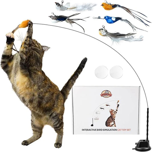 Whiskertons Interactive Bird Cat Toy – Suction Base with 5 Feather Bird Refills & Bells