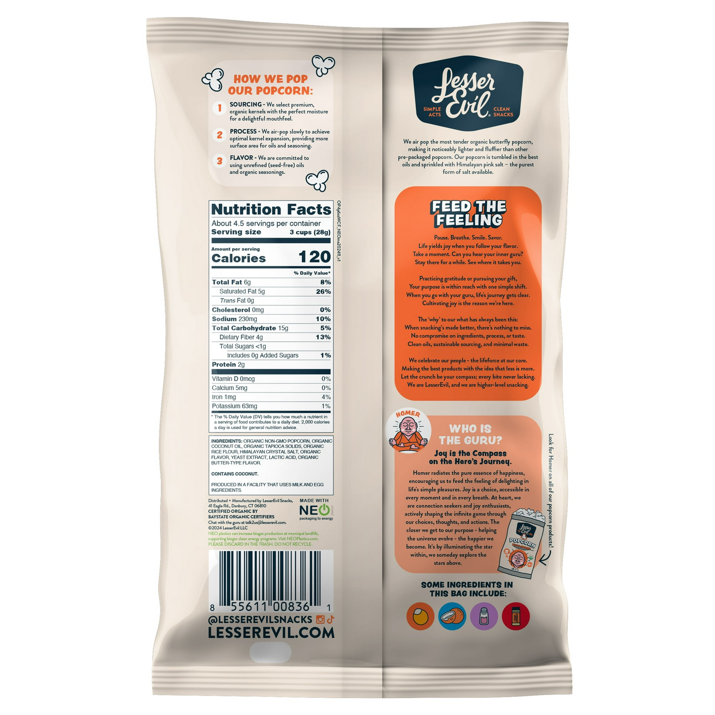 LesserEvil, Organic Popcorn, White Cheddar