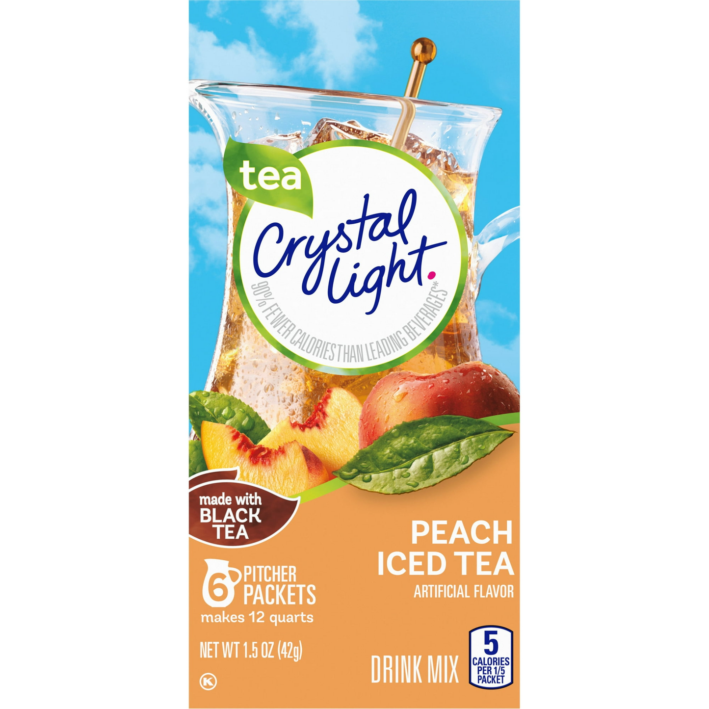 Crystal Light Peach Iced Tea Artificially Flavored Powdered Drink Mix, 6 Count Pitcher Packets