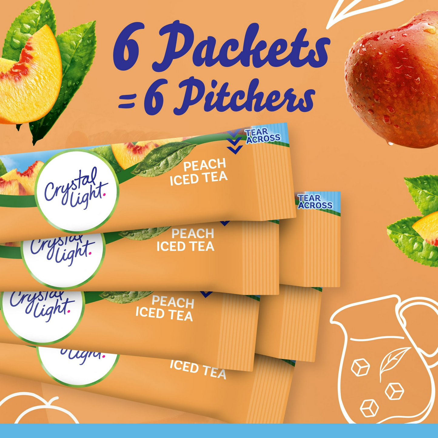 Crystal Light Peach Iced Tea Artificially Flavored Powdered Drink Mix, 6 Count Pitcher Packets