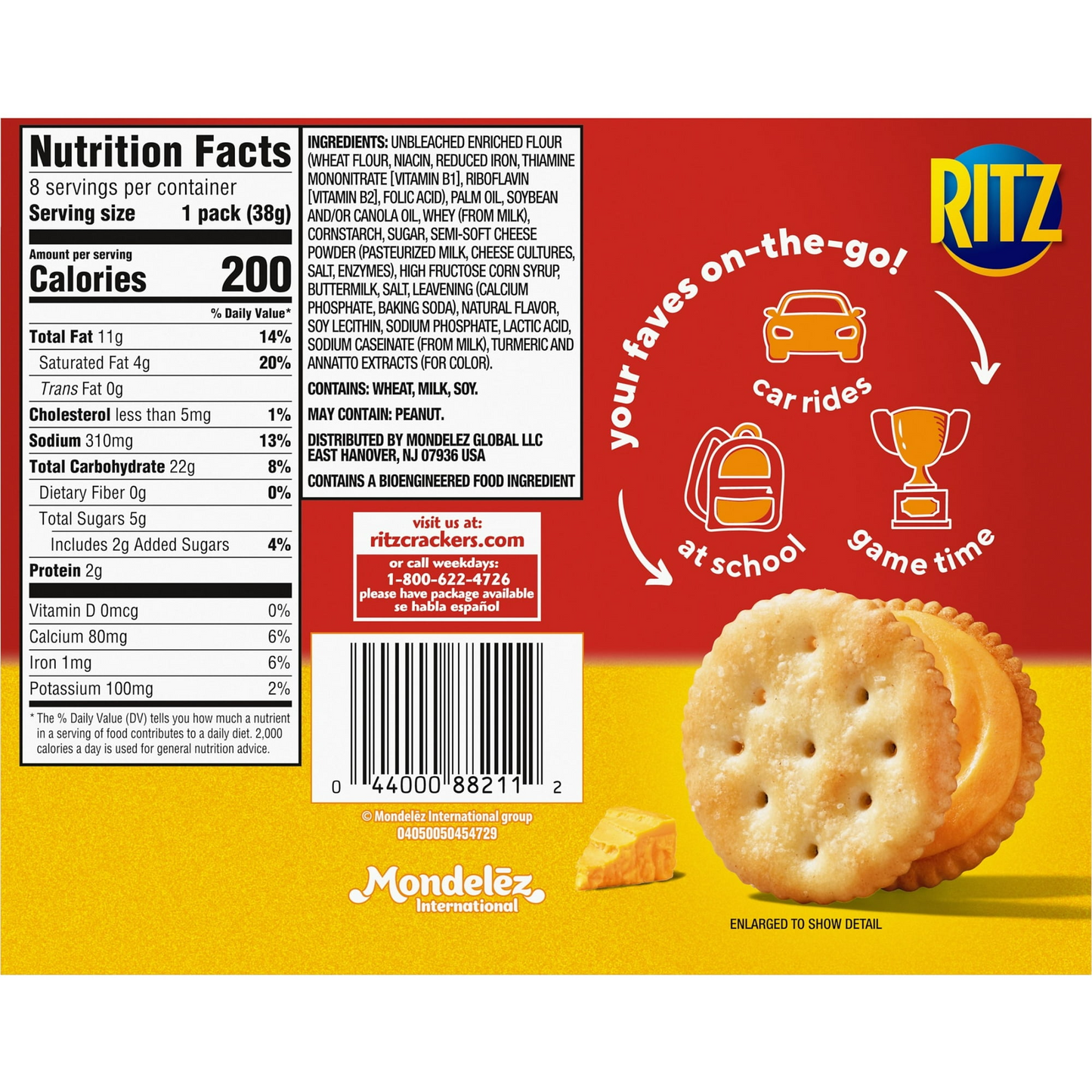 RITZ Cheese Sandwich Crackers, Lunch Snacks, 8 Snack Packs (6 Crackers Per Pack)