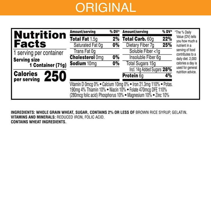 Kellogg's Frosted Mini-Wheats Cold Breakfast Cereal Cup, High-Fiber, Whole Grain, Original, 2.5oz Cup (1 Cup)