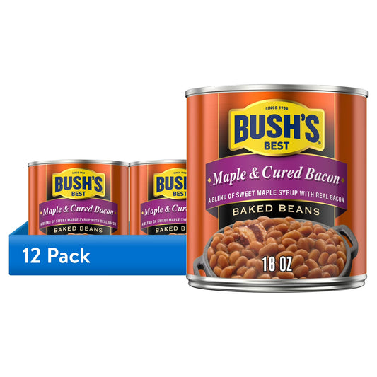 (12 pack) Bush's Maple and Cured Bacon Baked Beans, BBQ Protein Rich Canned Beans, 16 oz Can