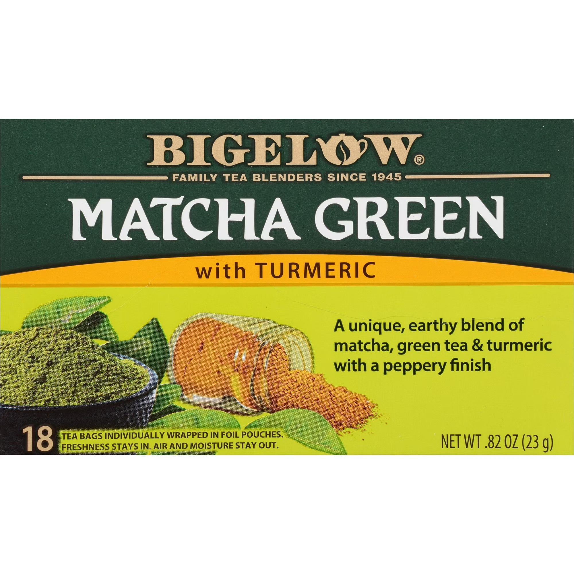 Bigelow Matcha Green Tea with Turmeric, Green Tea Bags, Antioxidant Energy Boost Tea Bags,18 Count