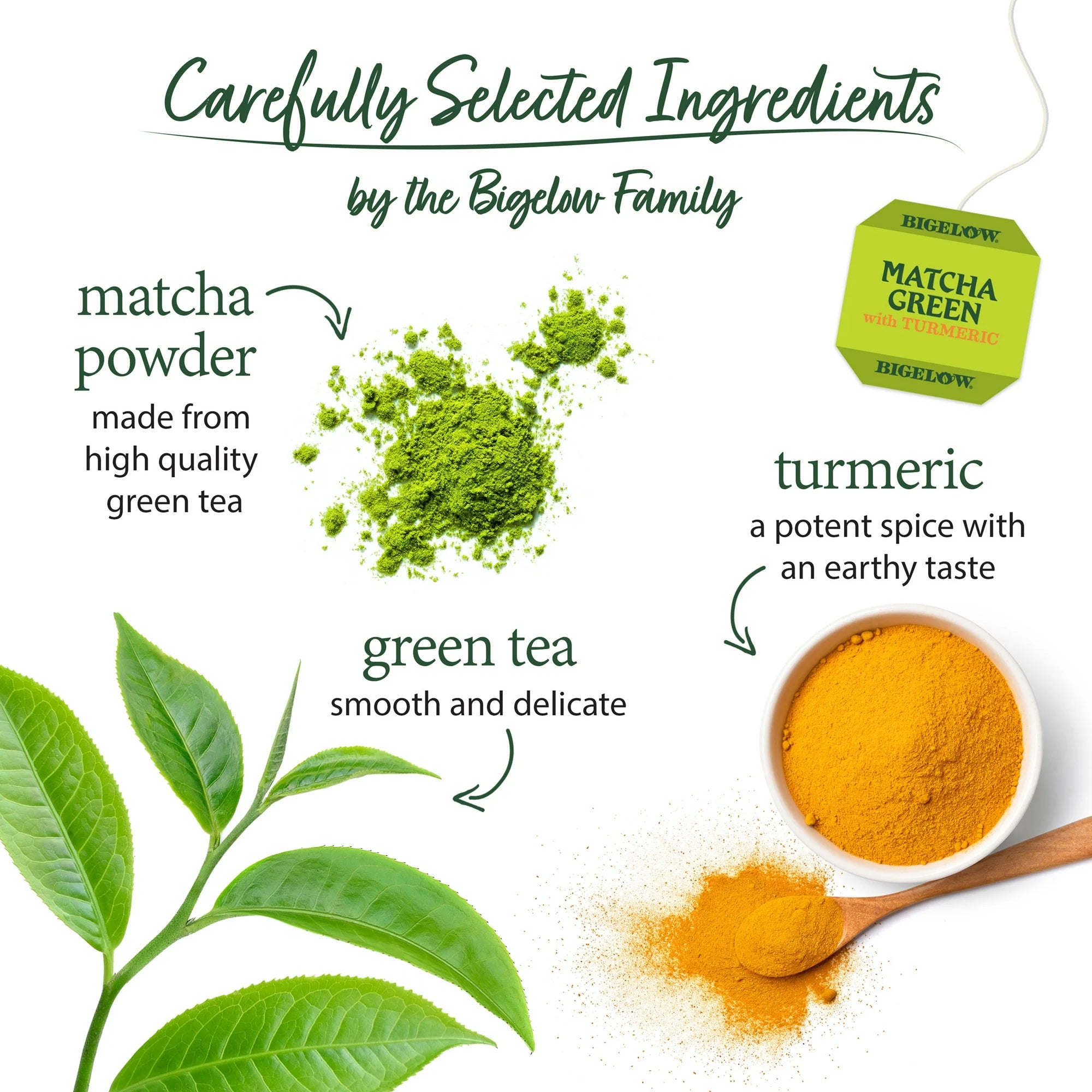 Bigelow Matcha Green Tea with Turmeric, Green Tea Bags, Antioxidant Energy Boost Tea Bags,18 Count