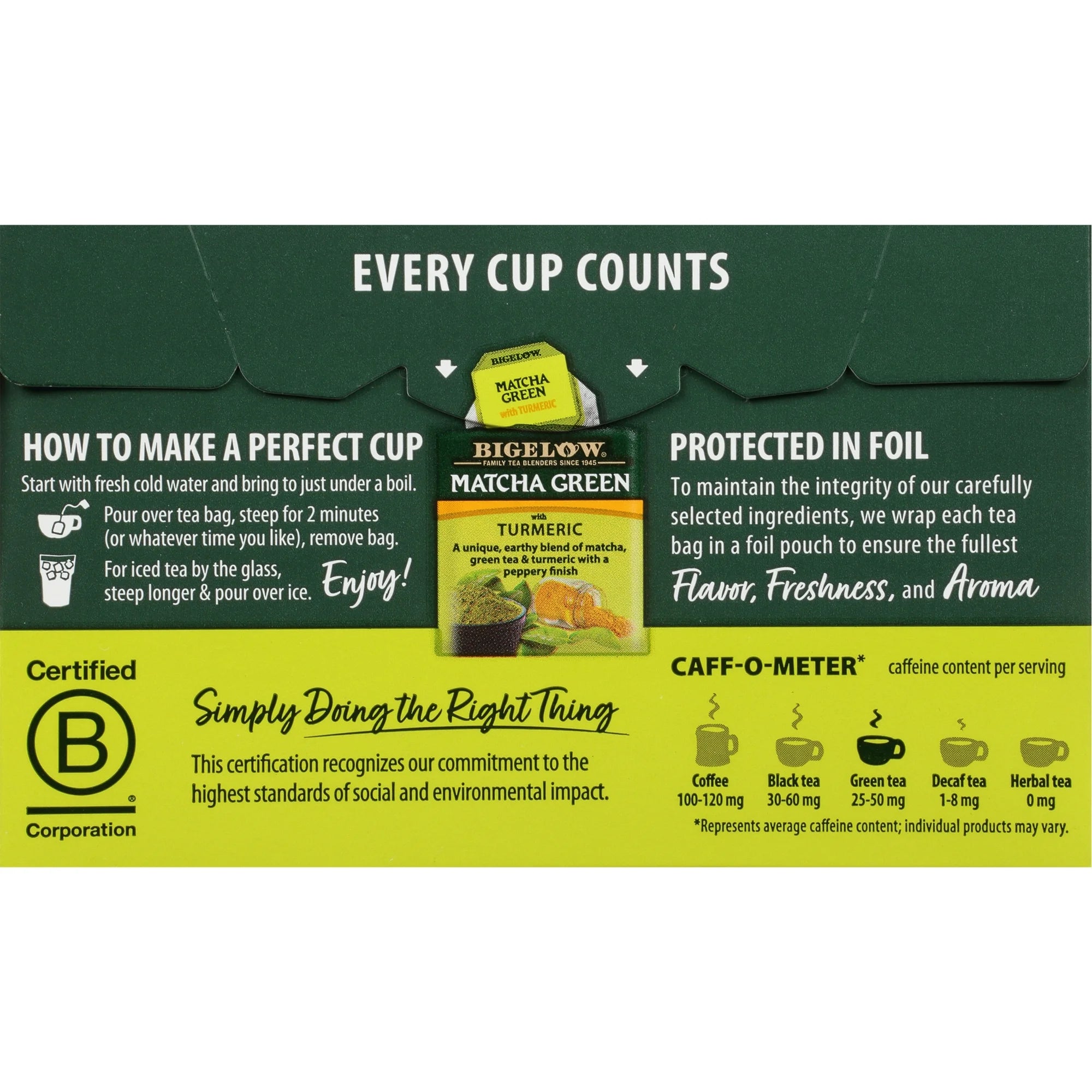 Bigelow Matcha Green Tea with Turmeric, Green Tea Bags, Antioxidant Energy Boost Tea Bags,18 Count
