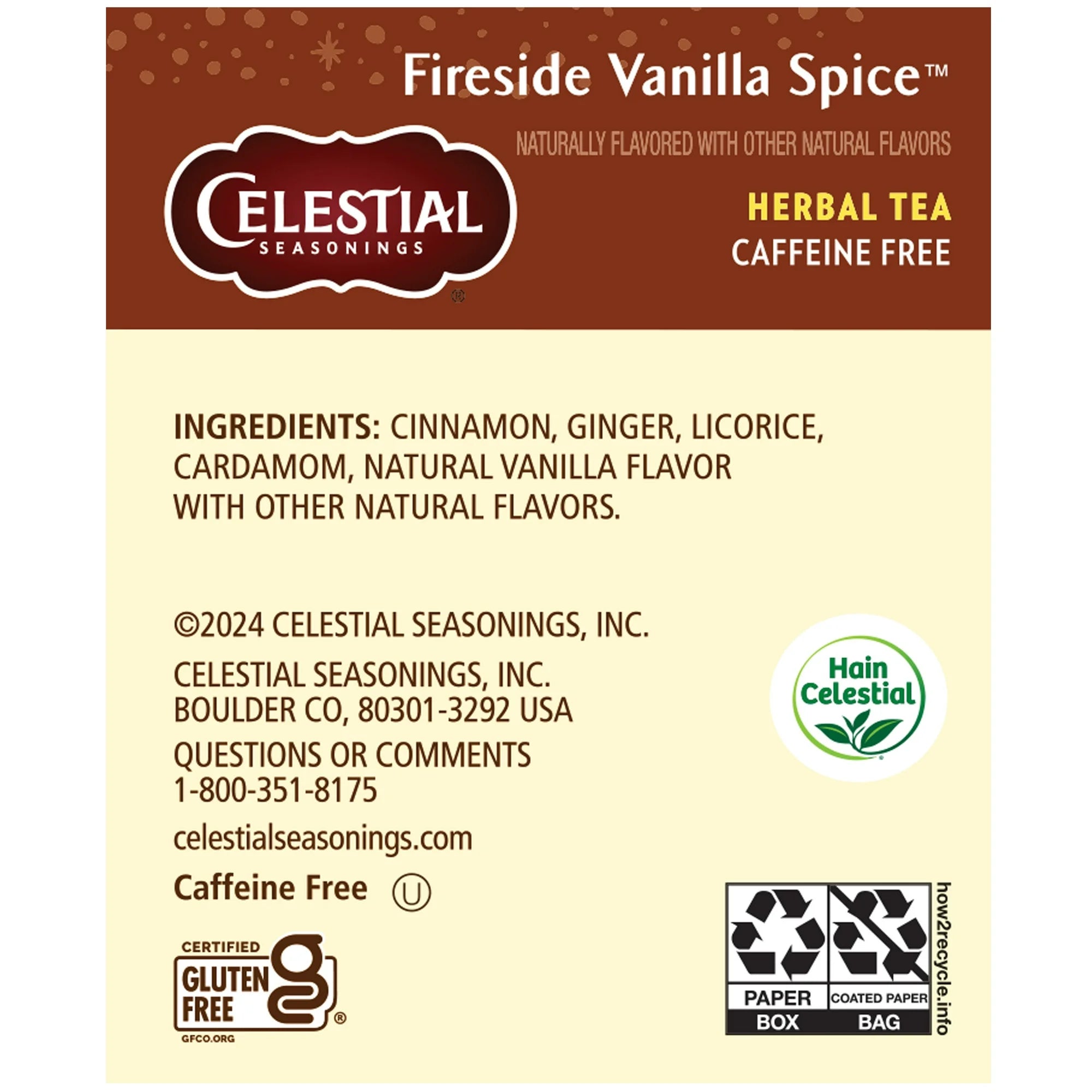 Celestial Seasonings Fireside Vanilla Spice Cozy Caffeine-Free Herbal Tea Bags