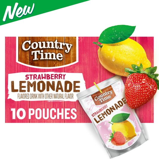 Country Time Strawberry Lemonade Ready to Drink Flavored with Other Natural Flavors Drink Pouches, 10 Ct Box, 6 fl oz Pouches, Liquids