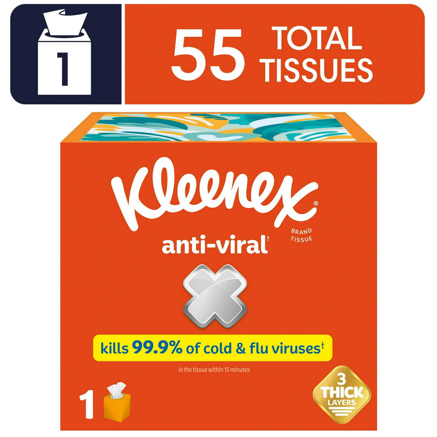 Kleenex Anti-Viral Facial Tissues, 1 Cube Box, 55 Tissues per Box, 3-Ply
