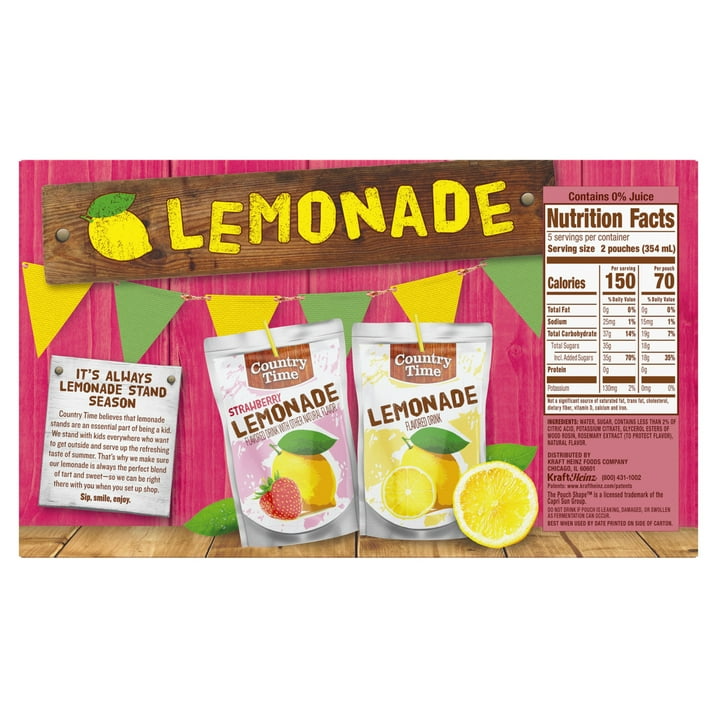 Country Time Strawberry Lemonade Ready to Drink Flavored with Other Natural Flavors Drink Pouches, 10 Ct Box, 6 fl oz Pouches, Liquids