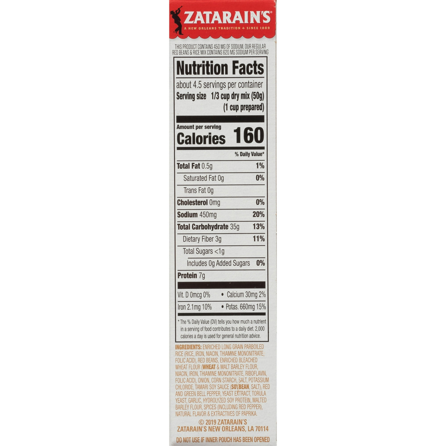 Zatarain's No Artificial Flavors Reduced Sodium Red Beans & Rice Mix, 8.0 oz Box