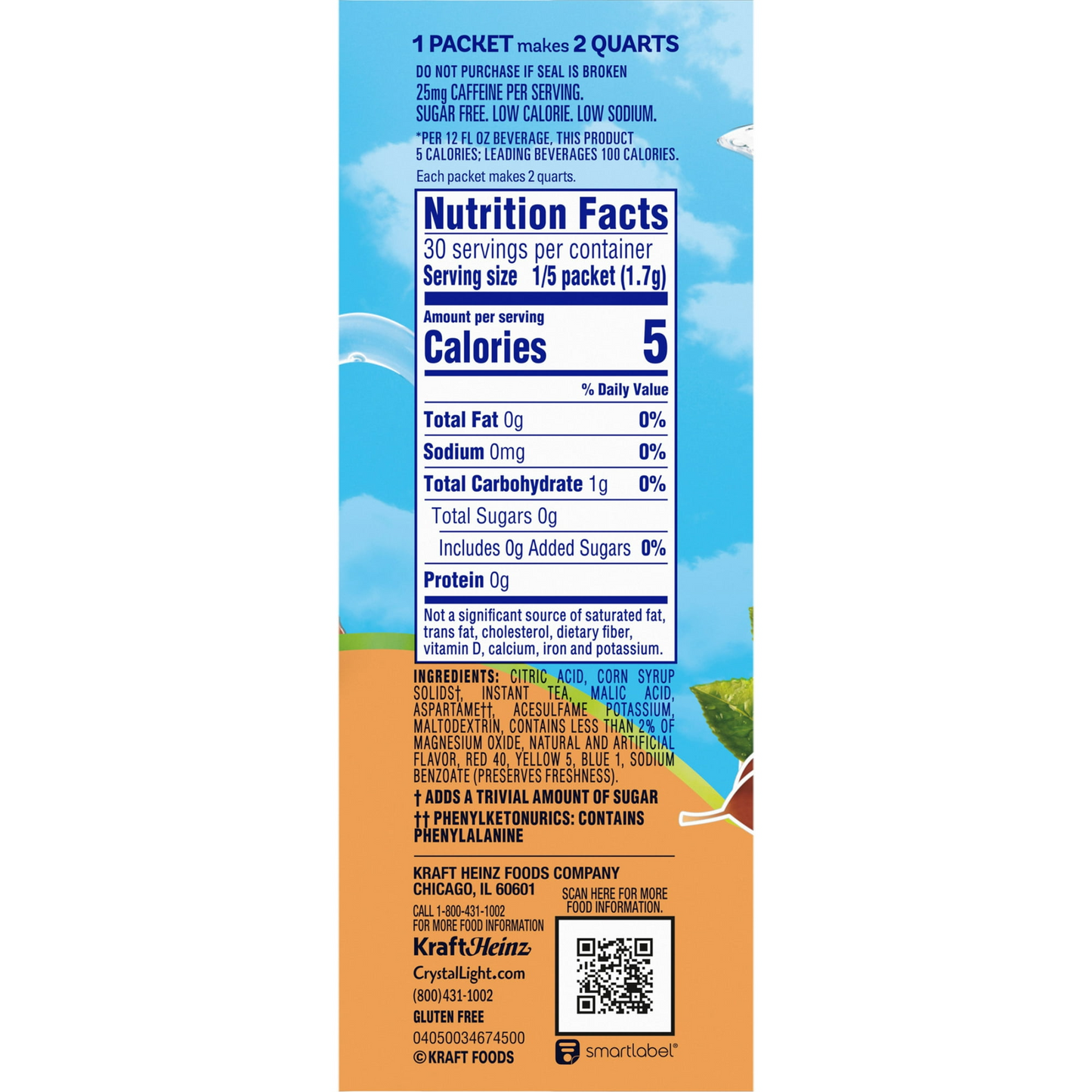 Crystal Light Peach Iced Tea Artificially Flavored Powdered Drink Mix, 6 Count Pitcher Packets