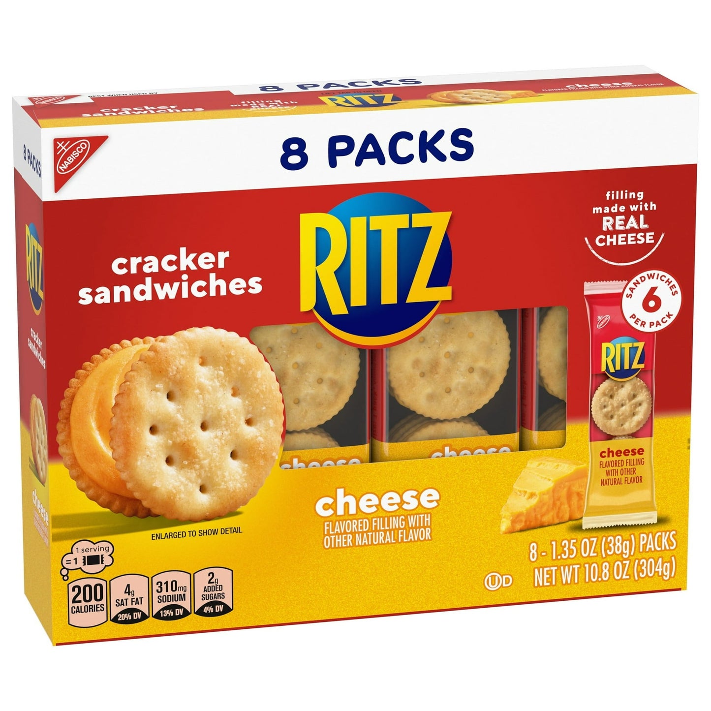 RITZ Cheese Sandwich Crackers, Lunch Snacks, 8 Snack Packs (6 Crackers Per Pack)