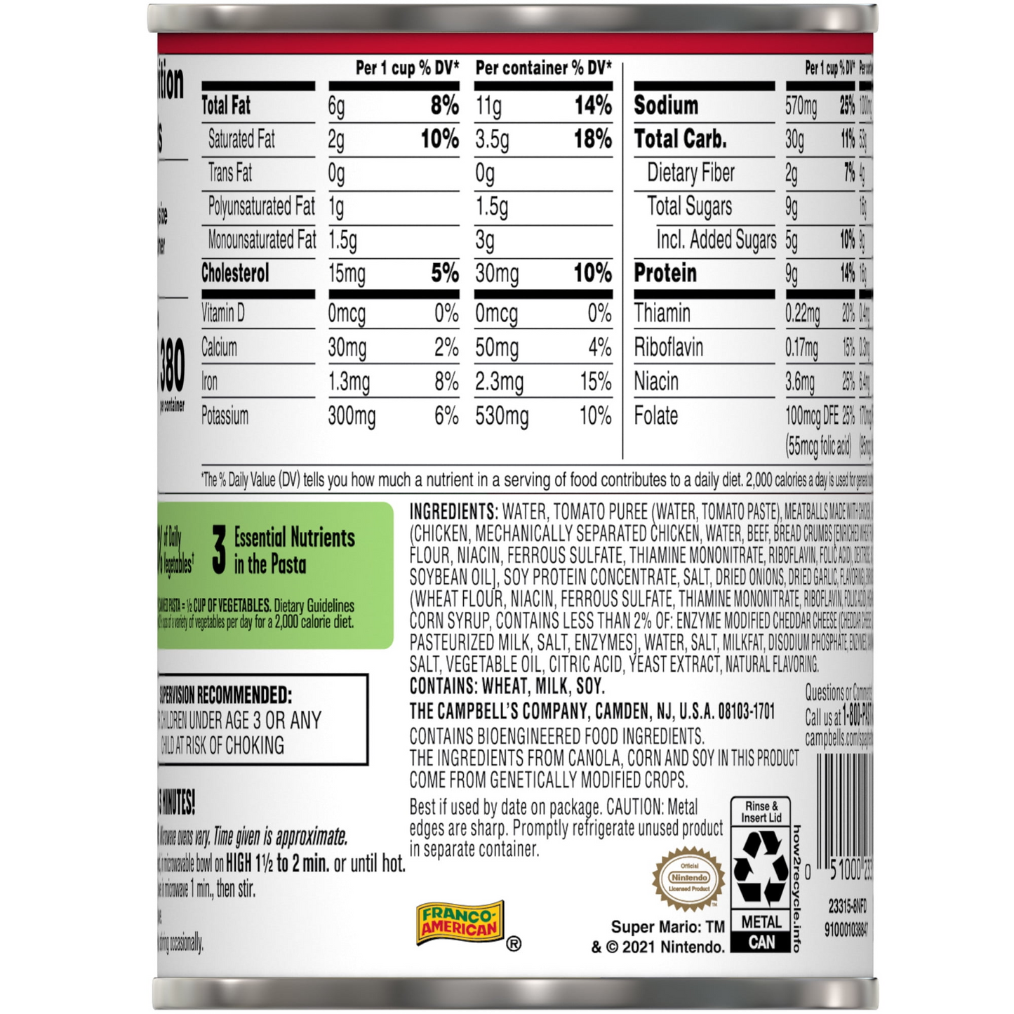 SpaghettiOs Super Mario Bros Canned Pasta with Meatballs, 15.6 oz Can