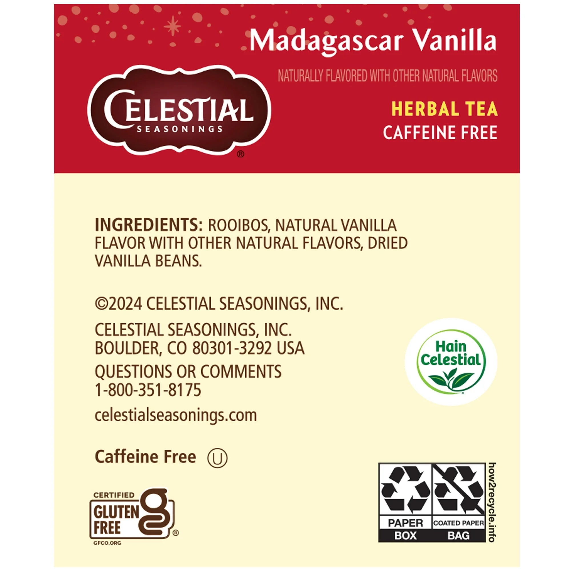 Celestial Seasonings Madagascar Vanilla Caffeine-Free Rooibos Herbal Tea Bags, 20 Count